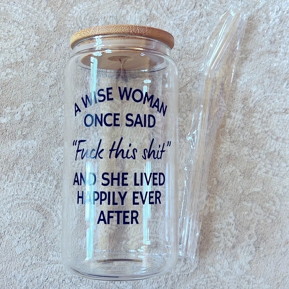 Brand New Glass Can Jar Tumbler w/ Bamboo Lid & Clear Straw Retirement Divorce